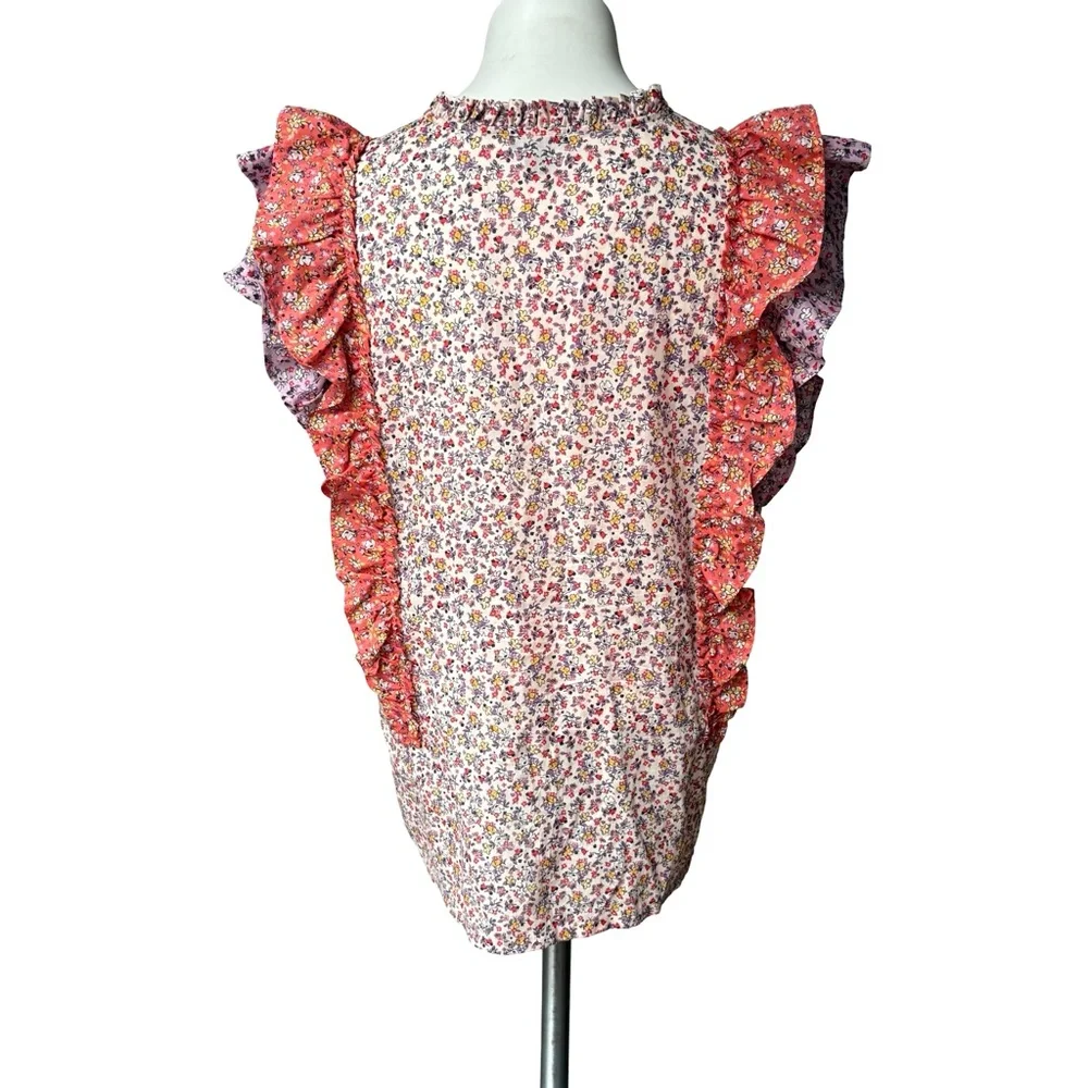 Ann Taylor Purple Orange Floral Ruffle Flutter Keyhole Button Blouse, Sz M - Picture 4 of 14